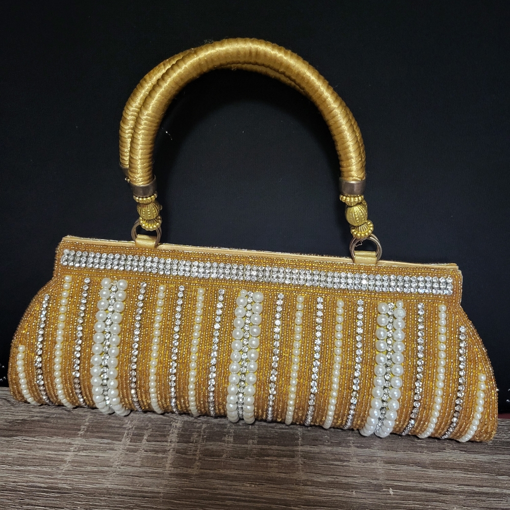 Elegant Gold and White Beaded Women's Bag